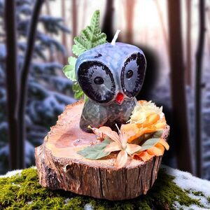 Vintage Owl Candle on Wood Slice Base Cottagecore Folk Art for Owl Collectors